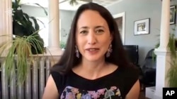 In this 2020 image taken from video, Elizabeth Hoover, UC Berkeley associate professor of environmental science, policy and management, conducts an interview with Indian Country Today.
