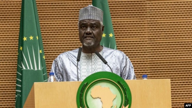 Moussa Faki Mahamat, chairperson of the African Union Commission, delivers a speech during the 60th anniversary of the Organization of African Unity at the African Union headquarters in Addis Ababa, Ethiopia, on May 25, 2023.