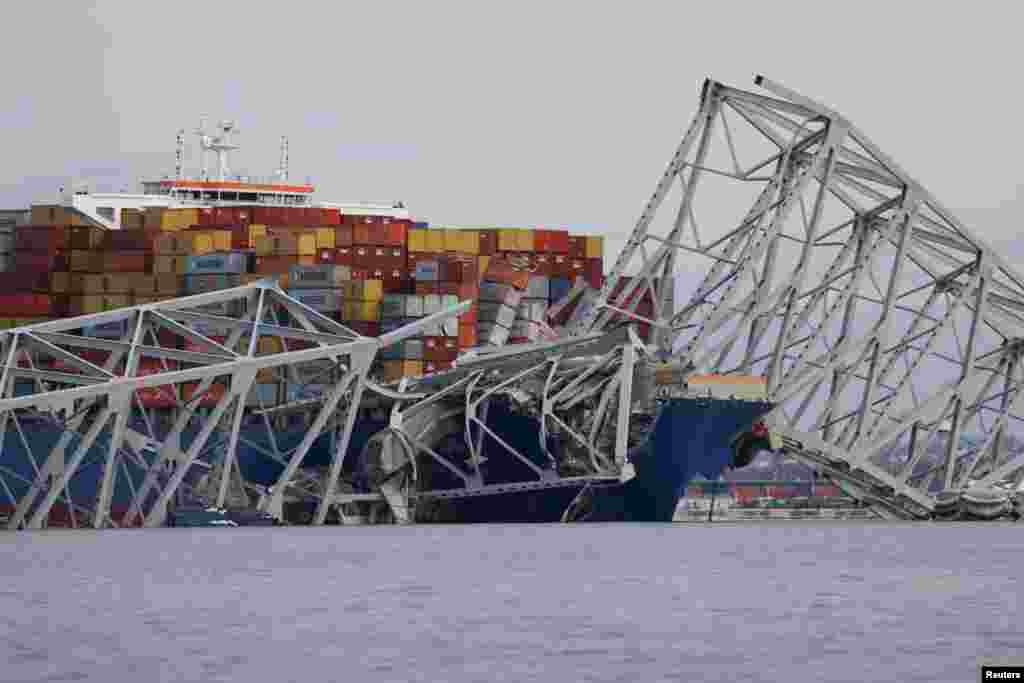 A view of the Dali cargo vessel which crashed into the Francis Scott Key Bridge causing it to collapse in Baltimore, Maryland.&nbsp;A massive freight ship stacked high with containers smashed into the bridge&nbsp;while sailing out of Baltimore, sending cars and people into the Patapsco River below and closing one of the busiest ports on the U.S. Eastern Seaboard.