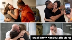 A combination picture shows (clockwise from top left) former hostages Almog Meir Jan, Noa Argamani, Andrey Kozlov and Shlomi Ziv in Ramat Gan, Israel, on June 8, 2024, after they were rescued by Israeli forces. (Israeli Army/Handout via Reuters) 