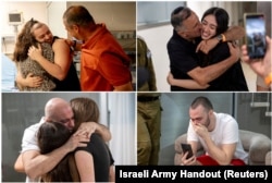 Gambar kombinasi menunjukkan (searah jarum jam dari kiri atas) mantan sandera Almog Meir Jan, Noa Argamani, Andrey Kozlov dan Shlomi Ziv di Ramat Gan, Israel 8 Juni 2024, setelah mereka diselamatkan oleh pasukan Israel. (Foto: via Reuters)