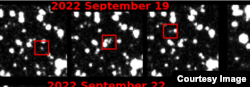 This image shows the discovery results from the ATLAS survey and HelioLinc3D algorithm, with the asteroid 2022 SF289 seen in the red boxes. (ATLAS/University of Hawaii Institute for Astronomy/NASA)