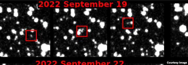 This image shows the discovery results from the ATLAS survey and HelioLinc3D algorithm, with the asteroid 2022 SF289 seen in the red boxes. (ATLAS/University of Hawaii Institute for Astronomy/NASA)