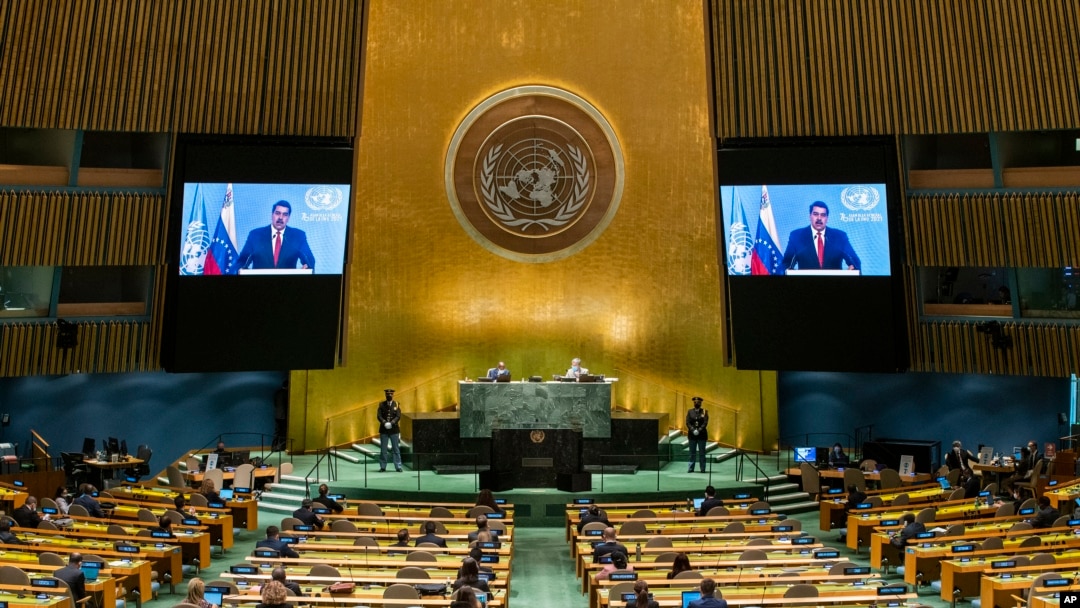 FILE - Venezuela's President Nicolas Maduro remotely addresses the 76th Session of the U.N. General Assembly at United Nations headquarters in New York, Sept. 22, 2021.