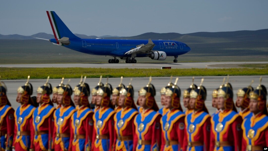 The plane carrying Pope Francis lands at Ulaanbaatar's international airport Chinggis Khaan, Sept. 1, 2023.