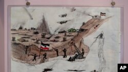 A drawing by Mykola Kostenko is part of the War Diaries exhibition at Amsterdam city hall, the Netherlands, Aug. 17, 2023.
