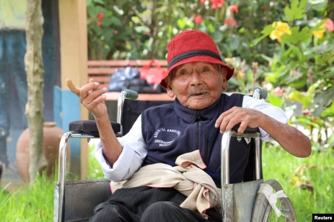 Peruvian Marcelino "Mashico" Abad gestures a day before celebrating his 124th birthday as local officials claim he might be the world's oldest ever person, in Huanuco, Peru April 4, 2024. (Pension 65/Handout via REUTERS)