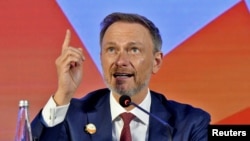 German Finance Minister Christian Lindner gestures during a news conference on the sidelines of G-20 finance ministers' meeting on the outskirts of Bengaluru, India, Feb. 24, 2023. 