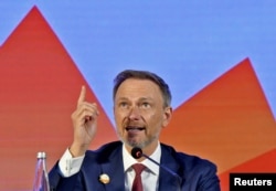 German Finance Minister Christian Lindner gestures during a news conference on the sidelines of G-20 finance ministers' meeting on the outskirts of Bengaluru, India, Feb. 24, 2023.
