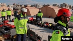 United Arab Emirates Urban Search and Rescue Team with the rescue equipment they gifted to their Syrian counterparts in response to a deadly earthquake, in Jableh, Syria, Feb. 16, 2023.