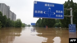 被洪水淹没的河北涿州街道。（2023年8月2日）