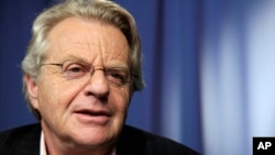 FILE - Talk show host Jerry Springer speaks in New York City, April 15, 2010. Springer's namesake TV show unleashed strippers, homewreckers and skinheads to brawl and spew obscenities on weekday afternoons.
