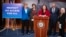 Sen. Tammy Duckworth, of Illinois speaks about a bill to establish federal protections for IVF as, from left, Sen. Tammy Baldwin, Sen. Amy Klobuchar, Senate Majority Leader Chuck Schumer and Sen. Patty Murray listen Feb. 27, 2024, in Washington. 