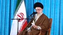 In this picture released by the official website of the office of the Iranian supreme leader, Ayatollah Ali Khamenei speaks during a ceremony commemorating the death anniversary of Ayatollah Khomeini, June 4, 2023. 