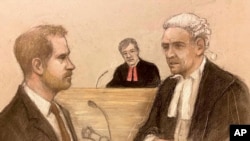 Court artist sketch by Elizabeth Cook Britain's Prince Harry being cross examined by Andrew Green KC, as he gives evidence at the Rolls Buildings in central London, June 6, 2023. (Elizabeth Cook/PA via AP)