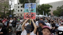 台湾立法院就改革草案举行投票之际，支持民进党反对国会改革法案的抗议民众聚集在立法院外。(2024年5月28日)