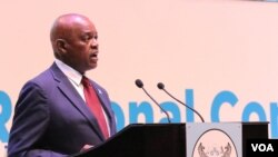 FILE - Botswana President Mokgweetsi Masisi addresses delegates at the WHO Africa Region meeting in Gaborone, Aug. 28, 2023. (Mqondisi Dube/VOA)