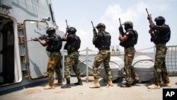 FILE - Ghanaian soldiers conduct drills on a frigate at Tema port, Ghana, March 9, 2023. Some 1,300 military personnel from 29 countries are training in Ghana and Ivory Coast, amid surging jihadi violence in Africa.