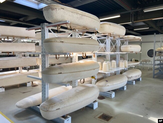 Dutch startup Loop Biotech's cocoon-like coffins, grown from local mushrooms and up-cycled hemp fibres, designed to dissolve into the environment amid growing demand for more sustainable burial practices, are stored in Delft, Netherlands, May 22, 2023.