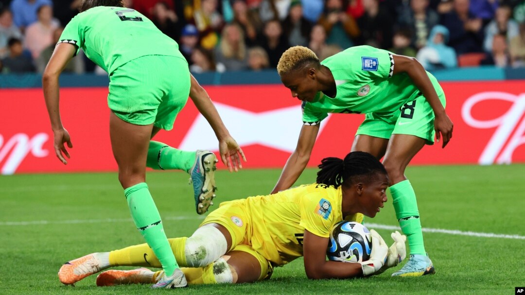 Nigeria's goalkeeper Chiamaka Nnadozie saves a ball during the Women's World Cup round of 16 soccer match between England and Nigeria in Brisbane, Australia, Aug. 7, 2023.
