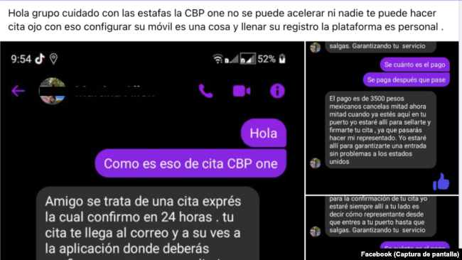 Usuario de Facebook alerta a través de un grupo de migrantes sobre una mujer que estaría estafando a las personas ofreciendo servicios de citas de CBP One a cambio de cientos de dólares.