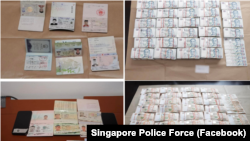 ភស្តុតាំងដែលកម្លាំងសមត្ថកិច្ចរបស់សិង្ហបុរីរឹបអូសបានពីករណីបង្ក្រាបលើជនល្មើស ១០ នាក់ ក្នុងនោះបីនាក់កាន់លិខិតឆ្លងដែនកម្ពុជា ពាក់ព័ន្ធនឹងករណីលាងលុយកខ្វក់និងបន្លំឯកសារ។ (Facebook/Singapore Police Force)