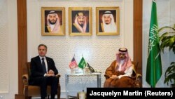 U.S. Secretary of State Antony Blinken meets with Saudi Foreign Minister Prince Faisal bin Farhan, at the Ministry of Foreign Affairs in Riyadh, Saudi Arabia, Oct. 14, 2023.