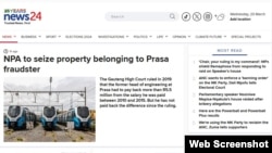 The homepage of South African news website News 24, which has filed a complaint against another media company it accuses of trying to discredit reporters who investigated its owner's business practices. 