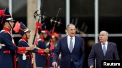 Russia's Foreign Minister Sergey Lavrov leaves after a meeting with Brazil's Foreign Minister Mauro Vieira in Brasilia, Brazil, April 17, 2023.