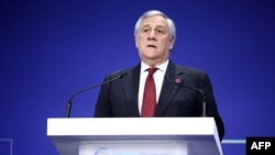 Italy's Foreign Minister Antonio Tajani speaks in London, June 21, 2023. He will meet Chinese authorities during his trip to Beijing from Sunday to Tuesday. During that time, Italy is expected to confirm its exit from China's Belt and Road Initiative. (HENRY NICHOLLS/POOL/AFP)