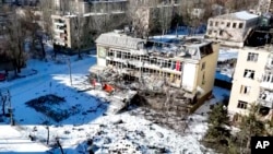 This image from video of Bakhmut, shot Feb. 13, 2023, from a drone for AP, shows how the longest battle of the Russian invasion has turned the Ukrainian city into a ghost town.