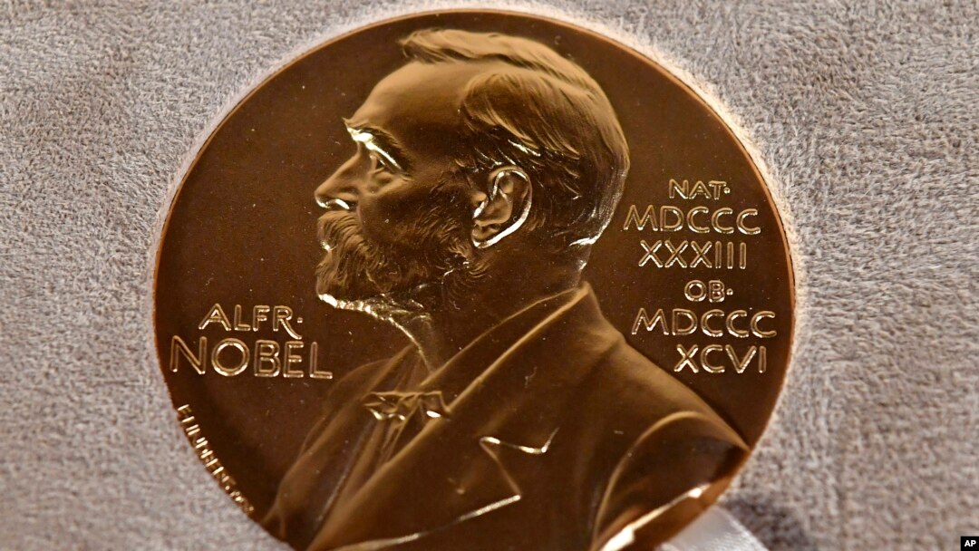 FILE - A Dec. 8, 2020, photo of a Nobel Prize medal displayed during a ceremony in New York.