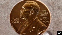 Foto medali Hadiah Nobel pada 8 Desember 2020 ditampilkan dalam sebuah upacara di New York. (Angela Weiss via AP)