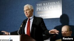 FILE - Pentagon Papers whistleblower Daniel Ellsberg speaks at a news conference at the National Press Club in Washington, April 27, 2015. 