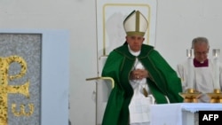 Pope Francis leads a Mass during a pastoral visit on the occasion of the 50th Social Week of Italian Catholics, on July 7, 2024, at Piazza dell'Unita in Trieste. 