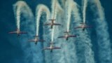 Indonesian Air Force's Jupiter aerobatic team (JAT) maneuvre during a performance in Pekanbaru, Riau province, Indonesia, May 28, 2023. 