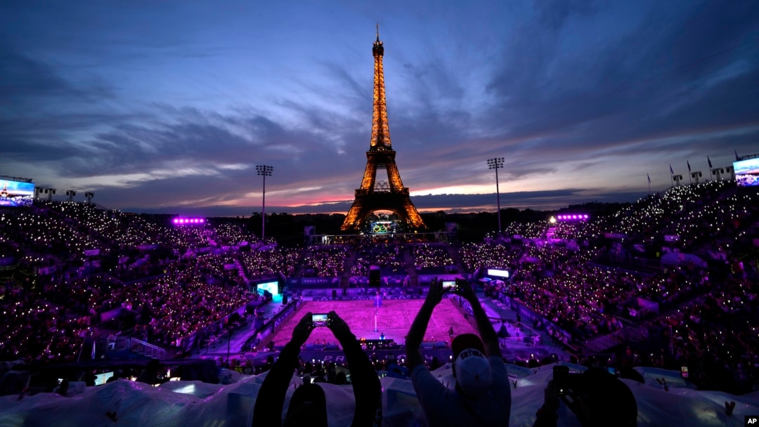 A beach volleyball match at the 2024 Summer Olympics, July 27, 2024, in Paris, France.