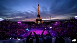 A beach volleyball match at the 2024 Summer Olympics, July 27, 2024, in Paris, France.