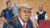 Ilustración del expresidente de EEUU, Donald Trump, durante su comparecencia ante el tribunal para la lectura de cargos luego de una investigación sobre el dinero pagado para silenciar a la estrella porno Stormy Daniels, en Nueva York, el 4 de abril de 2023.