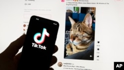 Logo TikToka se vidi na mobilnom telefonu ispred kompjuterskog ekrana koji prikazuje kućni ekran TikToka, 18. mart, 2023. (Foto: AP/Michael Dwyer)
