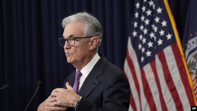 FILE — Federal Reserve Chairman Jerome Powell speaks during a news conference following the Federal Open Market Committee meeting, Sept. 20, 2023, in Washington.