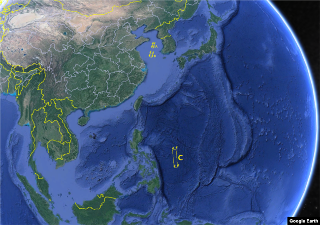 북한이 유엔 산하 국제해사기구(IMO)에 위성 발사 계획을 통보하면서 제공한 발사체 낙하 지점 A, B, C.