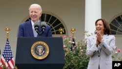 Vice President Kamala Harris reacts as President Joe Biden speaks during an event about gun safety, Sept. 22, 2023, in the Rose Garden of the White House in Washington. 