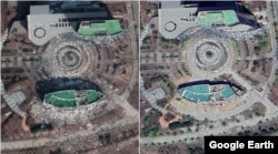 공동연락사무소 폭파 약 1년 후인 2021년 3월(왼쪽)과 2023년 4월 20일(오른쪽) 모습. 상당부분 정리된 사실을 알 수 있다. 사진=Maxar Technologies(왼쪽), Airbus(오른쪽) (via Google Earth)
