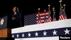 U.S. Vice President Kamala Harris speaks during her first campaign event as a candidate for president in West Allis, Wisconsin, July 23, 2024. Political followers are now waiting to see who Harris will choose as a running mate.