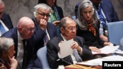 Russian Foreign Minister Sergey Lavrov attends a meeting of the United Nations Security Council on "effective multilateralism through the defense of the principles of the U.N. Charter," at the U.N. headquarters in New York, April 24, 2023. 