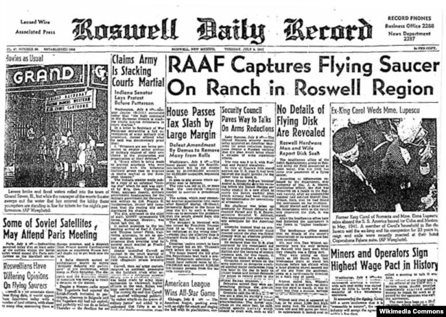 Roswell Daily Record front page of July 8, 1947.
