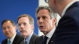 US Secretary of State Antony Blinken, second right, meets with business leaders, not shown, at the American Chamber of Commerce in Shanghai, China, April 25, 2024. 