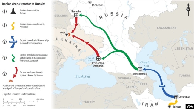 Delivery Route: Iranian drone transfer to Russia: