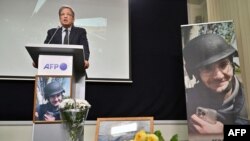 Chairman and Chief executive officer of Agence France-Presse, Fabrice Fries, speaks during commemoration ceremony of AFP reporter Arman Soldin, who was killed in the Donbas region while covering the conflict in Ukraine. Soldin died on May 9, 2023, when an AFP team came under fire while they were with a group of Ukrainian soldiers near Bakhmut. 
